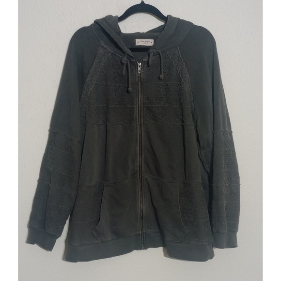 Lucky Brand Tops - Lucky Brand Womens Gray Lace Crochet Full Zip Hoodie Boho Cotton Sweatshirt XL